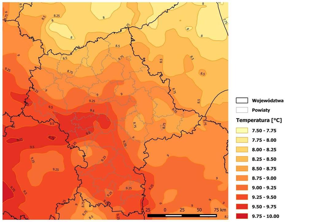 Temperatura powietrza Roczna ocena jakości powietrza w województwie mazowieckim Na podstawie informacji o polach meteorologicznych uzyskanych z programów WRF/CALMET wyznaczono rozkład średniej