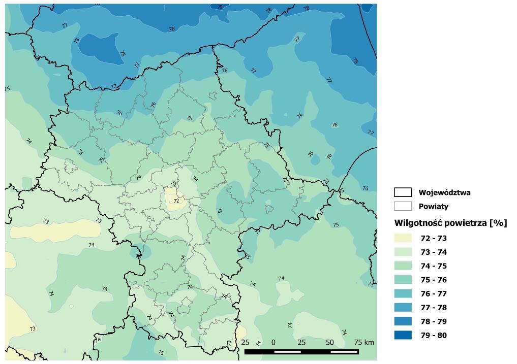 Mapa 7. Rozkład średniej rocznej wartości wilgotności względnej powietrza w województwie mazowieckim w 2015 r. Wykres 5.