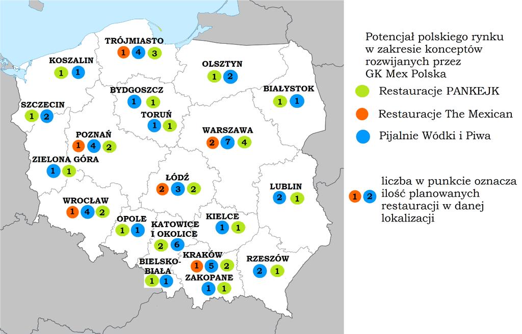 Potencjał lokalizacji Grupa do roku 2019 planuje zarządzać 36 bistro Pijalnia Wódki i Piwa, 10 restauracji PANKEJK oraz 8 The