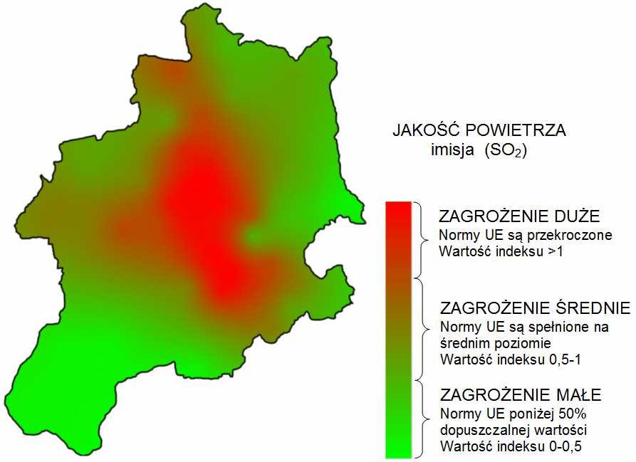 Przestrzenna zmienność stężenia ditlenku siarki na obszarze Bielska-Białej 539 wyniki przedstawione zostały w formie mapy (rys. 4) stopnia zagrożenia obszaru miasta imisją ditlenku siarki.