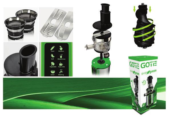GSJ-620 7 WYCISKARKA WOLNOOBROTOWA Evergreen design BPA free elementy pozbawione bisfenolu A silnik DC o mocy 200W zakres prędkości obrotowych 45-55 RPM max. czas pracy: 20min.
