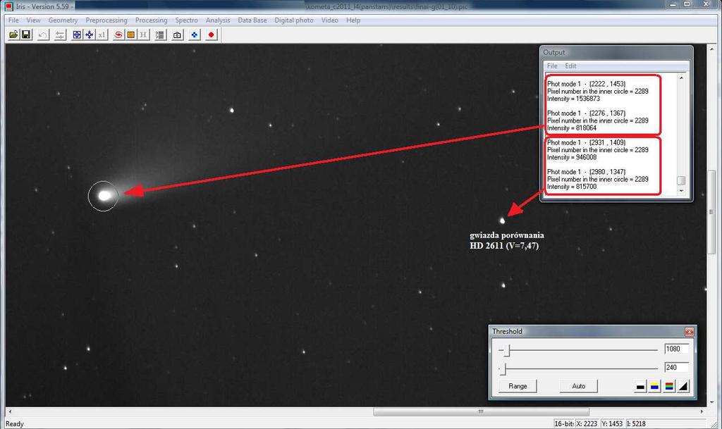 PROXIMA 2/2013 strona 17 4. Moje próby z fotometrią DSLR komety PanSTARRS. To było moje pierwsze spotkanie z fotmetrią CCD/DSLR komet.
