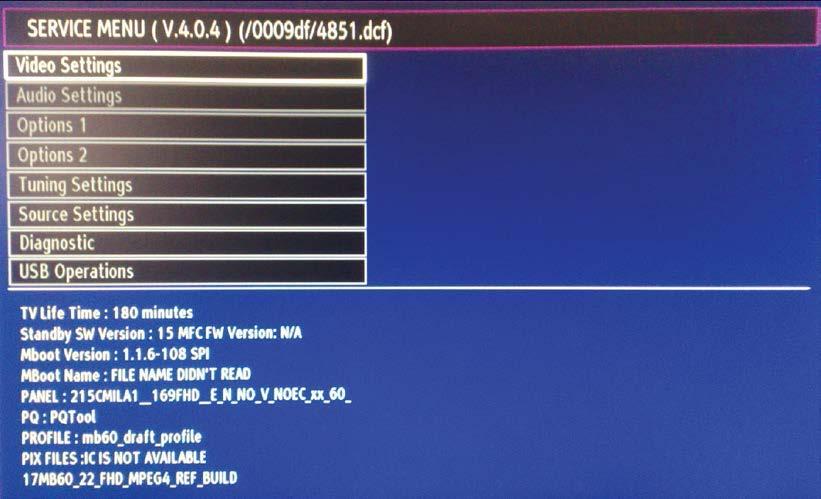 Porady Video Settings Audio Settings Options 1 Options 2 Tunnig Settings Source Settings Diagnostic USB Operation Fot.