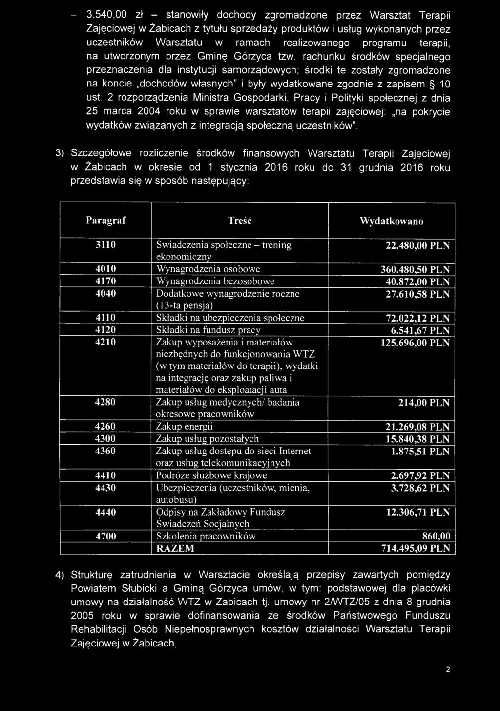 rachunku środków specjalnego przeznaczenia dla instytucji samorządowych; środki te zostały zgromadzone na koncie dochodów własnych i były wydatkowane zgodnie z zapisem 10 ust.
