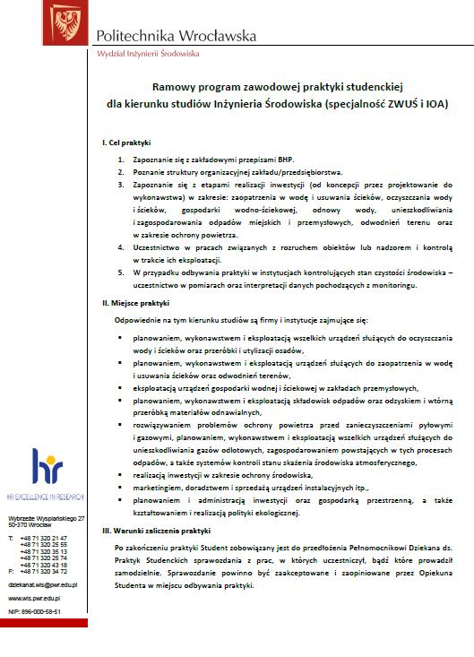 Wskazówki do realizacji praktyk zawodowych dla studentów Wydziału Inżynierii