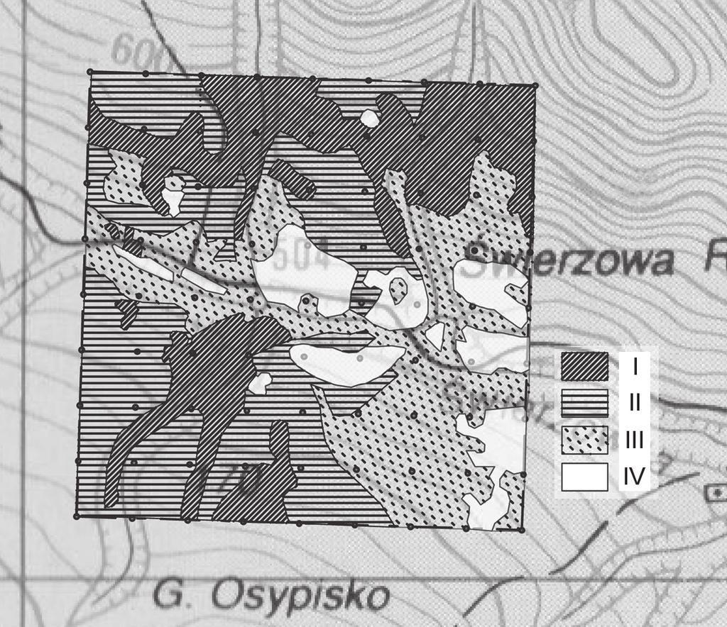 M. Frączek, M. Zborowska Wtórna sukcesja leśna... 121 Ryc. 7. Kategorie zbiorowisk na stałej powierzchni badawczej: I stare lasy, II młode lasy (zalesienia), III stadia sukcesji leśnej, IV łąki. Fig.