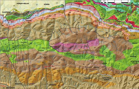 Fig. 4. Geological map of the investigated area (after Cieszkowski et al. 2015, modified): 1 4 Krynica Subunit: 1 Malcow Formation, Oligocene; 2a Magura Fm.