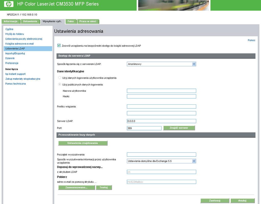 Ustawienia adresowania UWAGA: Protokół LDAP jest zwykle używany jedynie w korporacyjnych środowiskach e-mail.
