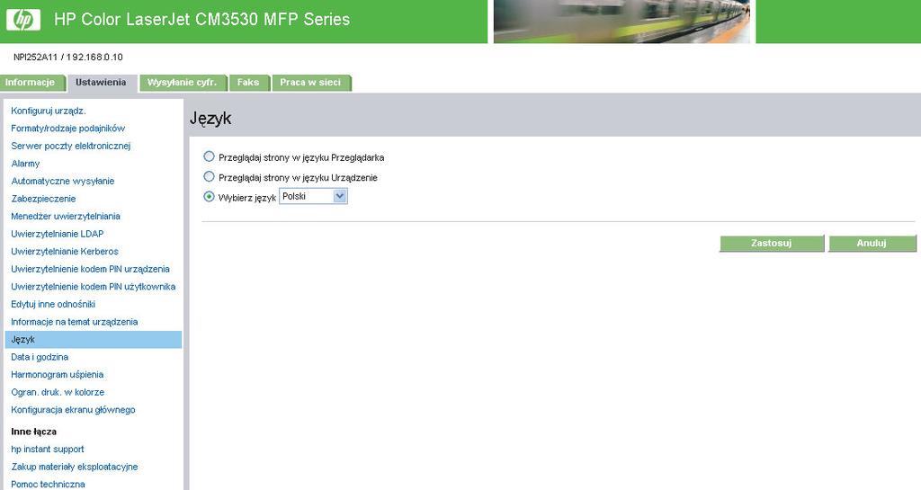 Język Ekran Język pozwala wybrać język informacji wyświetlanych na ekranach HP EWS. Poniższa ilustracja i tabela opisują sposób korzystania z tego ekranu.