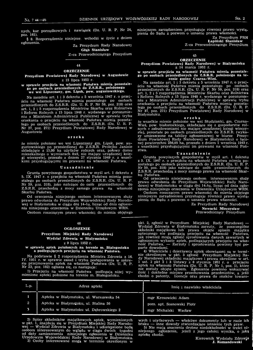 1, 2 i 5 rozporządzenia Ministrów Skarbu oraz Rolnictwa i Reform Rolnych z 15 lipca 1948 r.