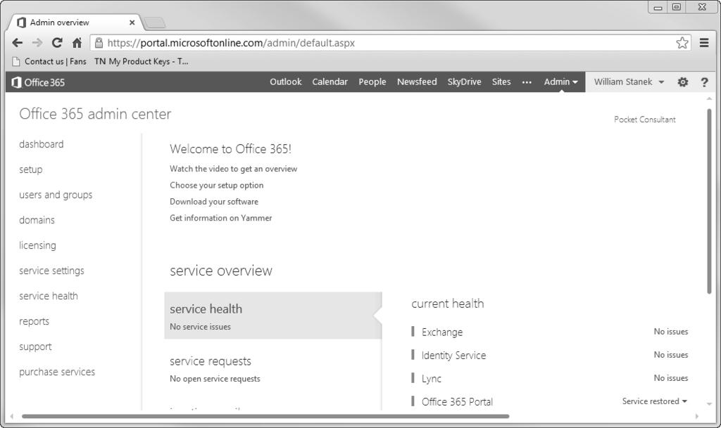 Center, na przykład https://portal.microsoftonline.com/admin/default.aspx. Po zalogowaniu wyświetlony zostanie pulpit nawigacyjny programu Office Admin Center (rysunek 1-2).