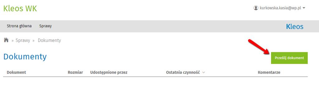 wybiera sprawę, dla której chce przesłać plik.