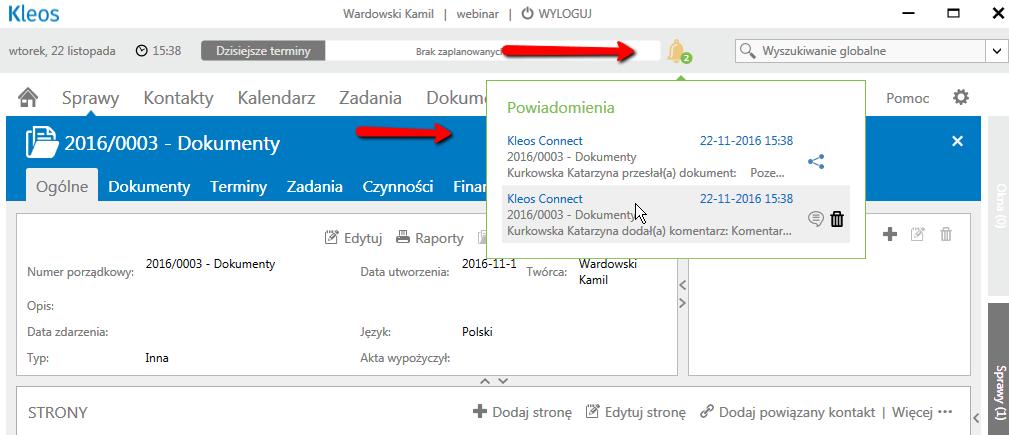 d) Po zalogowaniu się do Kleosa pracownik kancelarii zobaczy informację o przesłanych