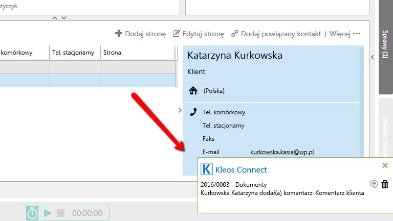 Zalogowany użytkownik Kleosa informacje o aktywności klienta w portalu Kleos Connect,
