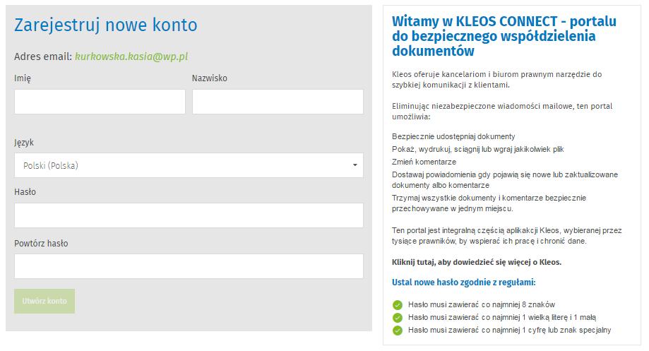 Aby zapoznać się z udostępnionym dokumentem, odbiorca wiadomości musi zarejestrować się w portalu Kleos Connect.