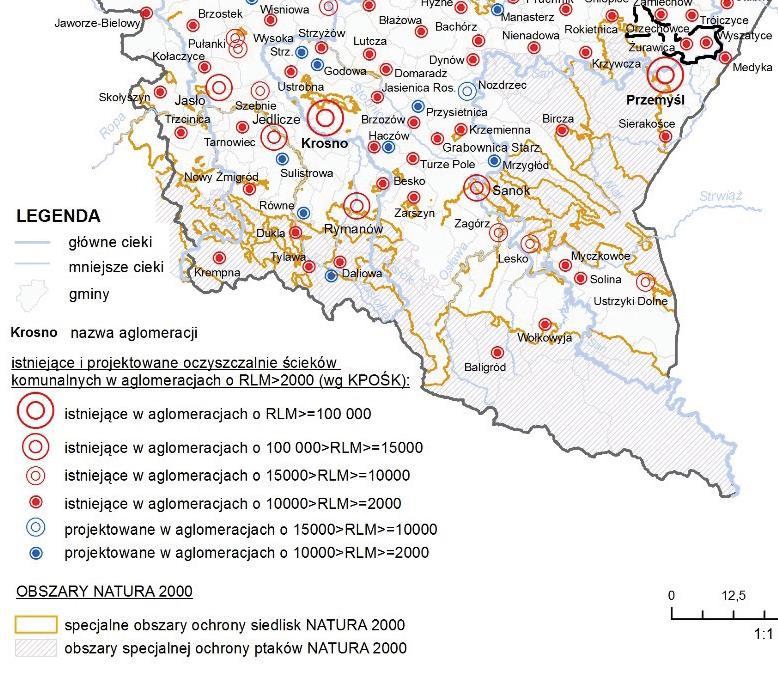 Mapa 1Rozmieszczenie oczyszczalni ścieków istniejących oraz projektowanych na tle obszarów Natura 2000 Źródło: Raport o stanie środowiska w województwie podkarpackim w 2014 r.