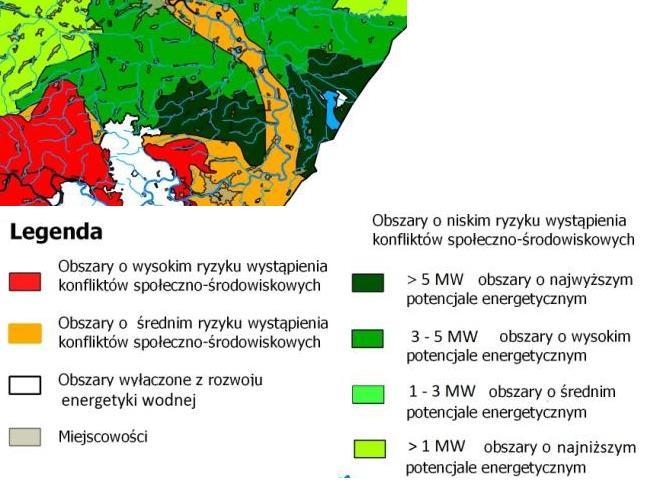 Mapa 9 Mapa ograniczeń społeczno-środowiskowych rozwoju energetyki wodnej Źródło: Wojewódzki Program Rozwoju OZE dla województwa podkarpackiego Tereny, na których może występować ryzyko konfliktu to