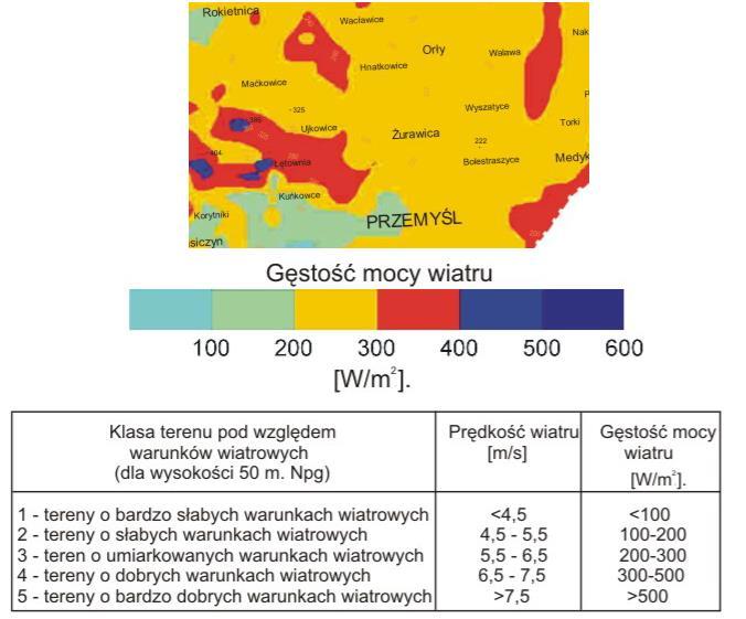 Mapa 12 Gęstość mocy wiatru na wysokości 50 m nad poziomem gruntu na terenie gminy Żurawica Źródło: Analiza zasobów energetycznych wiatru województwa podkarpackiego, dr inż.