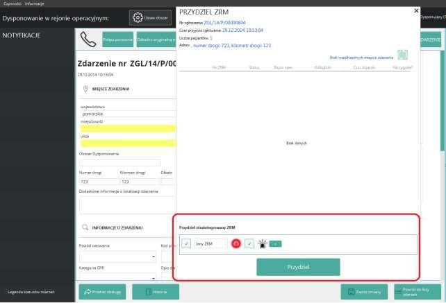 Dysponowanie ZRM-ów niezintegrowanych Istnieje możliwość zarejestrowania w SWD PRM informacji o przekazaniu