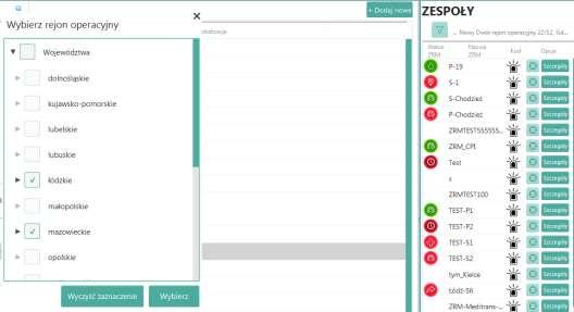 13.1. Obsługa filtra listy ZRM Podobnie jak w panelu Zdarzeń, również w zakładce Zespoły znajduje się funkcja filtra. Po kliknięciu na ikonę otwiera się lista przedstawiająca rejony operacyjne.