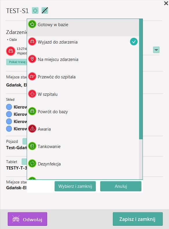 Rysunek 121 Zmiana statusu ZRM przez dyspozytora Jeżeli zamiast ikony statusu ZRM na liście, pojawi się ikona ustawiony., oznacza to, że dany status jest 13.3.5.