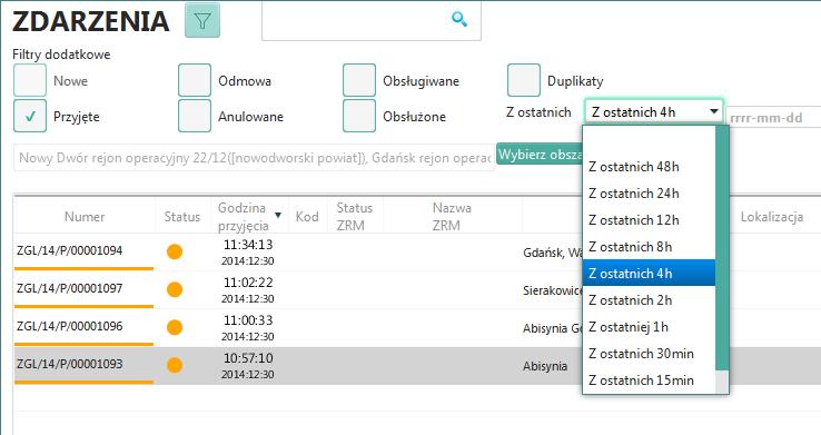 Rysunek 37 Włączony filtr zdarzenia z ostatnich 4h Do dyspozycji są wartości: z ostatnich 48/24/12/8/4/2/1 godziny oraz z ostatnich 30/15 min, można także wybrać pusty wiersz, co spowoduje pokazanie
