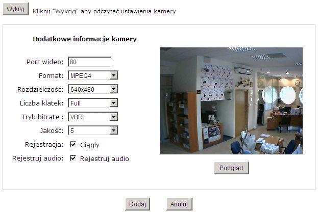 Po kliknięciu w przycisk Wykryj rejestrator wyświetli dodatkowe informacje pozwalające skonfigurować kamerę min. wybrać strumień wideo (MJPEG/MPEG4/H.264), rozdzielczość, ilość klatek, jakość itd.