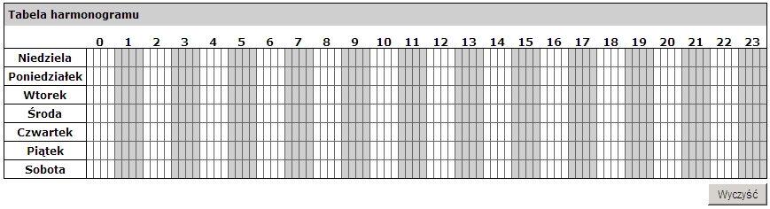 Zaznaczamy zakres czasu posługując się graficznym harmonogramem, gdzie pola poziome oznaczają godziny w ciągu doby, natomiast pionowe pola oznaczają dni tygodnia.