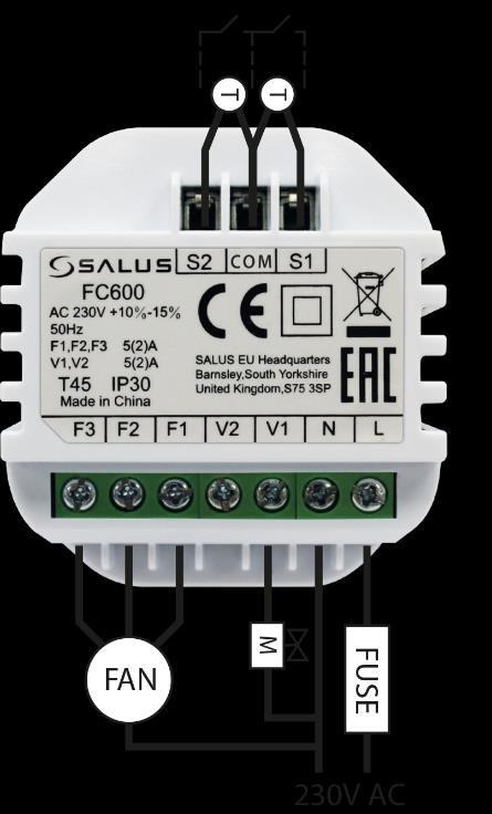 FC600 Podłączenia elektryczne D Schemat podłączenia klimakonwektora 2-rurowego (grzanie lub chłodzenie) + wejścia sterujące Przełączanie między grzaniem, a chłodzeniem stykiem zewnętrznym S1-COM lub