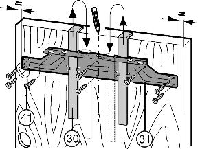 Dolna krawędź oporowa pomocy montażowej = górna krawędź montowanych drzwi meblowych. u Odkręcić poziomą listwę mocującą Fig. 22 (31), odkręcając nakrętki zabezpieczające Fig. 22 (32).