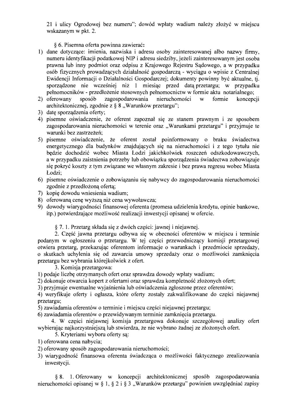 21 i ulicy Ogrodowej bez numeru"; dow6d wplaty wadium nalezy zlozyc w miejscu wskazanym w pkt. 2. 6.