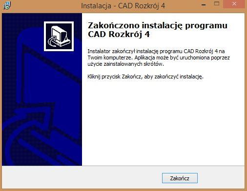 Rys. 17 instalacja zakończona przy pierwszym uruchomieniu aplikacji CAD Rozkrój konieczne jest wpisanie kodu rejestracyjnego w oknie Kodowanie, które otworzy się automatycznie (Rys.