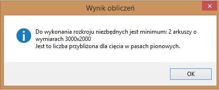 Pod tabelą podawane jest pole powierzchni oraz obwód formatek, znajdujących się aktualnie na liście rozkroju.