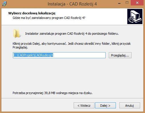 Rys. 10 kreator instalacji po wybraniu Dalej > następną czynnością jest wskazanie miejsca na dysku, w którym pliki programu CAD Rozkrój mają zostać zainstalowane
