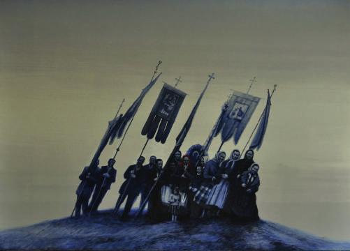 bezkrwistych twarzach, noszące stroje z minionej epoki i biorące udział w wydarzeniu sprzed wieku. Refleksję o charakterze eschatologicznym Żygadło podejmuje też w obrazach: Białoboki 1935 (il.