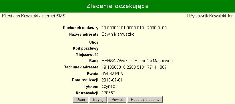 Tabela zleceń oczekujących - główna część widoku. Składa się z następujących kolumn: Zaznaczenie. Wybranie zleceń do ewentualnego dalszego przetwarzania.