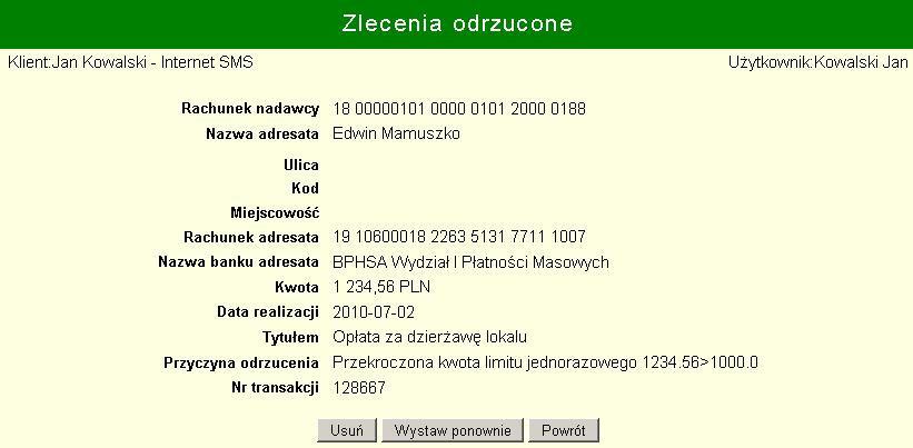 - przeniesienie do poprzedniego okna. 8 Zlecenia odrzucone Opcja umożliwia podgląd operacji, które zostały odrzucone. Po wybraniu wyświetlony panel jak na rysunku poniżej.