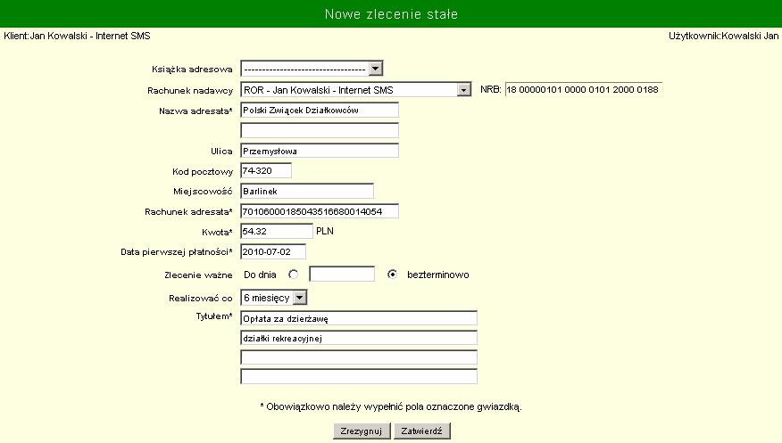 Wypełnienie formularza jest podobne do wypełnienia przelewu. 1. Wybranie książki adresowej odbiorcę, pola dotyczące danych odbiorcy i kwoty przelewu zostaną automatycznie wypełnione 2.