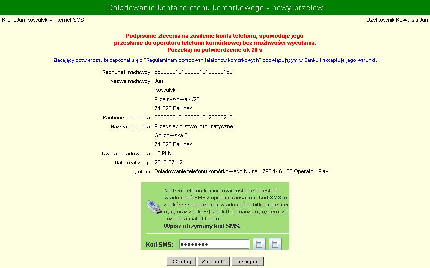 Po naciśnięciu przycisku oczekiwania może potrwać 20 sekund. Jeśli operacja zakończy się powodzeniem, to zostanie wyświetlony komunikat.