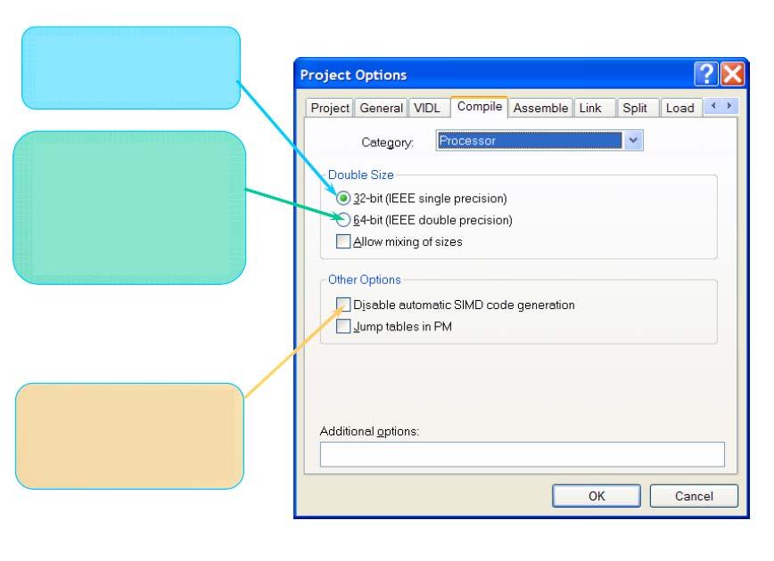 Ustawienia kompliatora: DSP Ustawia double-size jako 32bit. Odpowiada -double-size-64 Ustawia double-size jako 64bit.