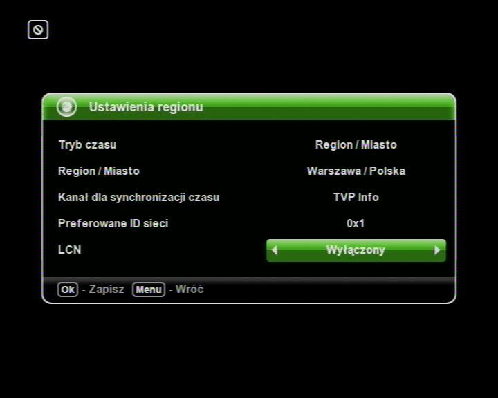 2. W menu Ustawienia regionu przechodzimy do pozycji LCN i używając klawiszy funkcyjnych ustawiamy wartość pola na