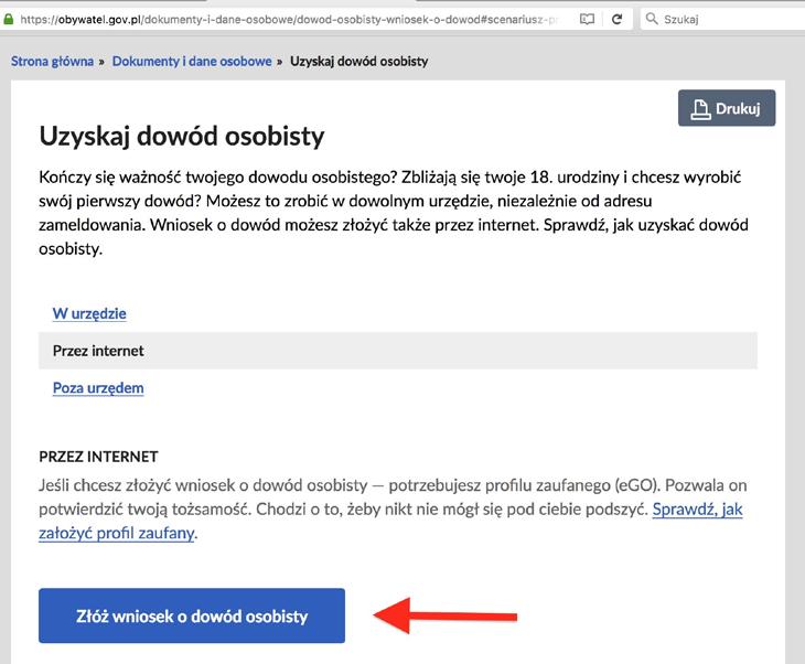 Kiedy klikniesz w przycisk Przez internet pojawi się duży niebieski przycisk z białym napisem Złóż wniosek o dowód osobisty, pod