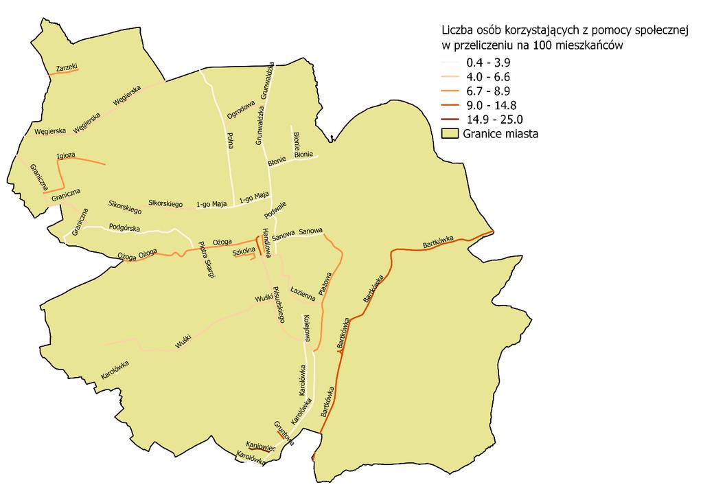 Rysunek 2. Liczba osób korzystających z pomocy społecznej w przeliczeniu na 100 mieszkańców Źródło: opracowanie własne na podstawie danych z Urzędu Miasta w Dynowie.