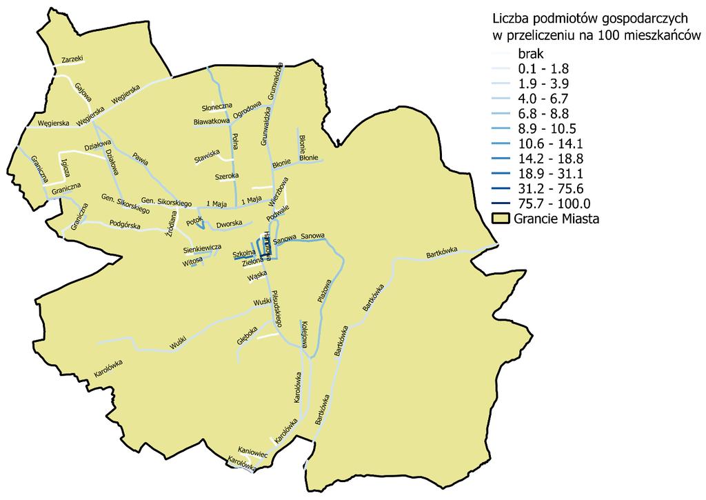 Rysunek 6. Liczba przedsiębiorstw (REGON) na 100 osób w mieście Dynów w 2014 roku Źródło: Opracowanie własne na podstawie danych z Urzędu Miasta Dynów. I.4. SKALA I CHARAKTER POTRZEB REWITALIZACYJNYCH 4.