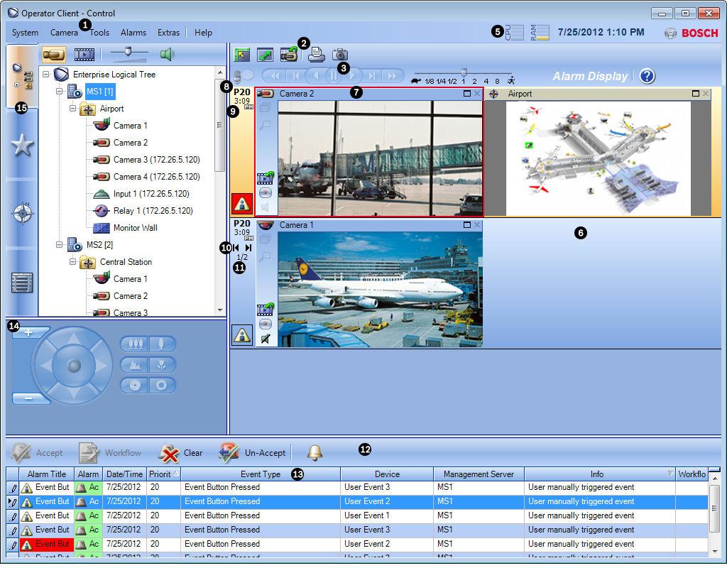 50 pl Interfejs użytkownika Bosch Video Management System 1 Pasek menu Umożliwia wybór polecenia z menu. 2 Pasek narzędzi Wyświetla dostępne przyciski.