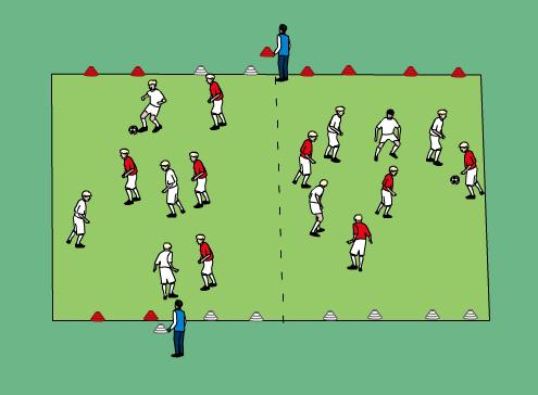 25. Organizacja gry jak na rysunku- gra 4x4 w dwóch polach. Każda drużyna (biali i czerwoni) atakuje bramki ustawione z talerzyków w odpowiednich (swoich) kolorach.