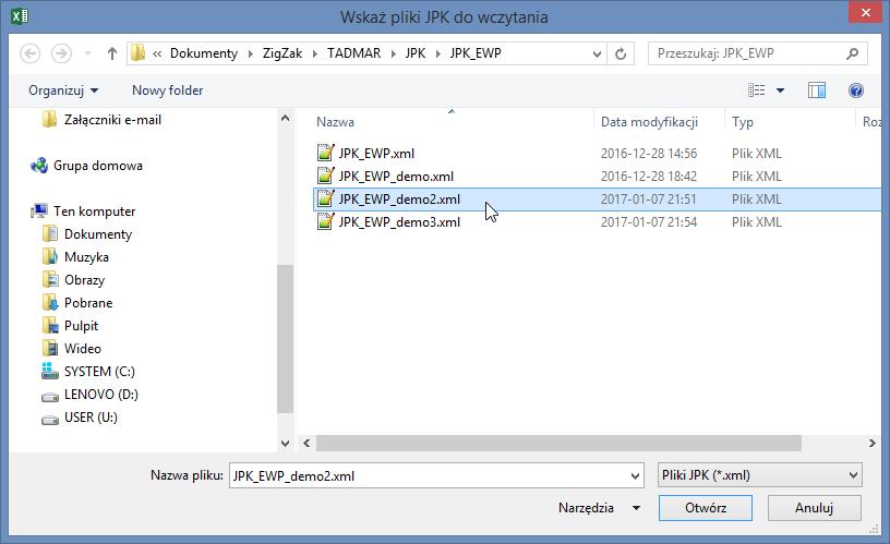 Dołączanie danych z pliku JPK Dołączanie danych z innego pliku JPK polega na dopisaniu jego zawartości do arkusza list (JPK-EWP). Polecenie to wywołujesz naciskając przycisk [Dołącz inny plik JPK].