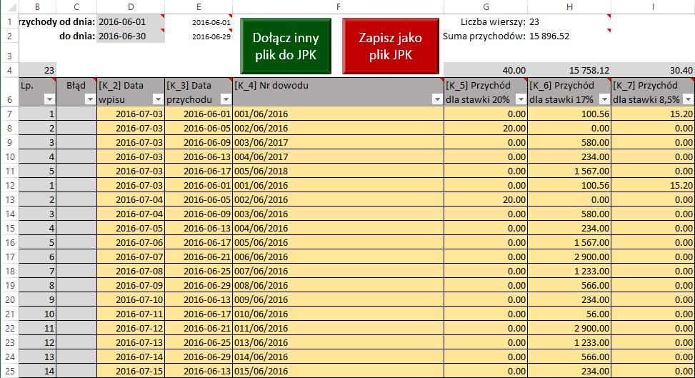 Po chwili (wczytywanie trwa o wiele szybciej od zapisywania) w Excelu pojawia się nowe wiersze: Wiersze dołączone ze wskazanego pliku JPK W kolumnie Lp.