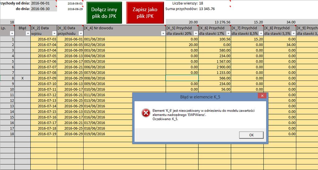 Weryfikacja danych i tworzenie pliku JPK Gdy naciśniesz przycisk [Zapisz jako plik JPK], program: 1. Buduje (na razie w pamięci RAM) wynikowy plik JPK.