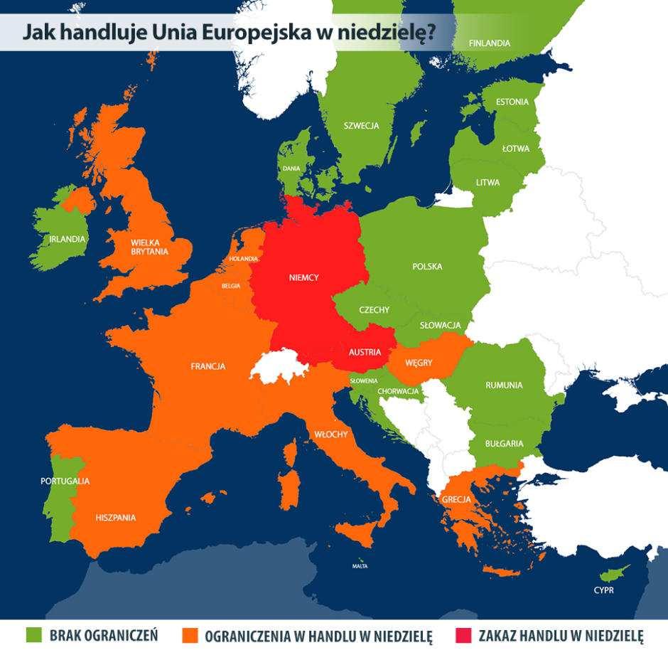 1. Zakaz handlu w niedzielę w krajach Unii Europejskiej 1.1.Jak handluje Unia Europejska w niedzielę? Rys.1 Ograniczenia dotyczące handlu w niedzielę w krajach Unii Europejskiej.